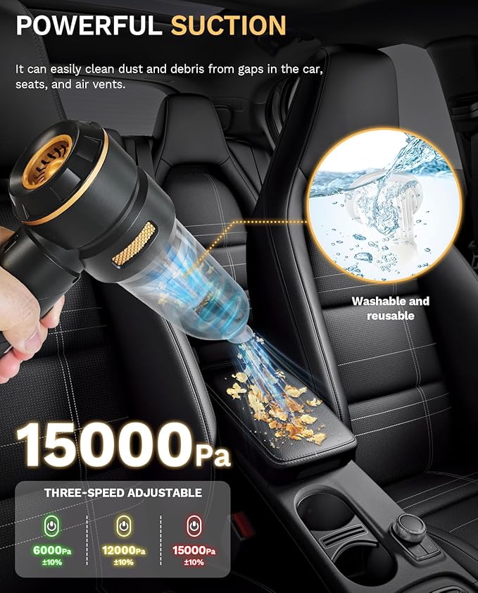 Baiwade Foldable Cordless Handheld Car Vacuum Cleaner, 15000PA High Power 2-in-1 Mini Vacuum Duster & Inflator, with 3-Speed Brushless Motor for Car Care, Home, Office, Pet