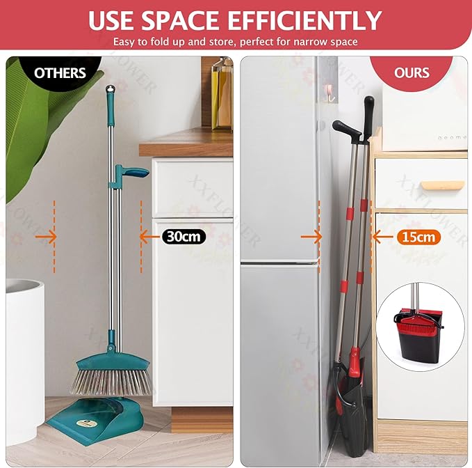 XXFLOWER Broom and Dustpan Set with Long Handle, Light Weight Stainless Steel Poles Stand Upright Dustpans with Broom Combo for Home Kitchen Office Pet Dog Hair, Black & Red Color, 1-Pack