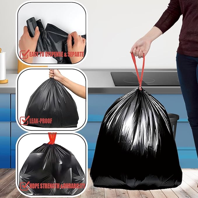 8-10 Gallon Trash Bags Drawstring, 300 Count Bulk, Black & Unscented Multi-purpose Garbage Bags for Business Home Bathroom Kitchen Commercial and Industrial