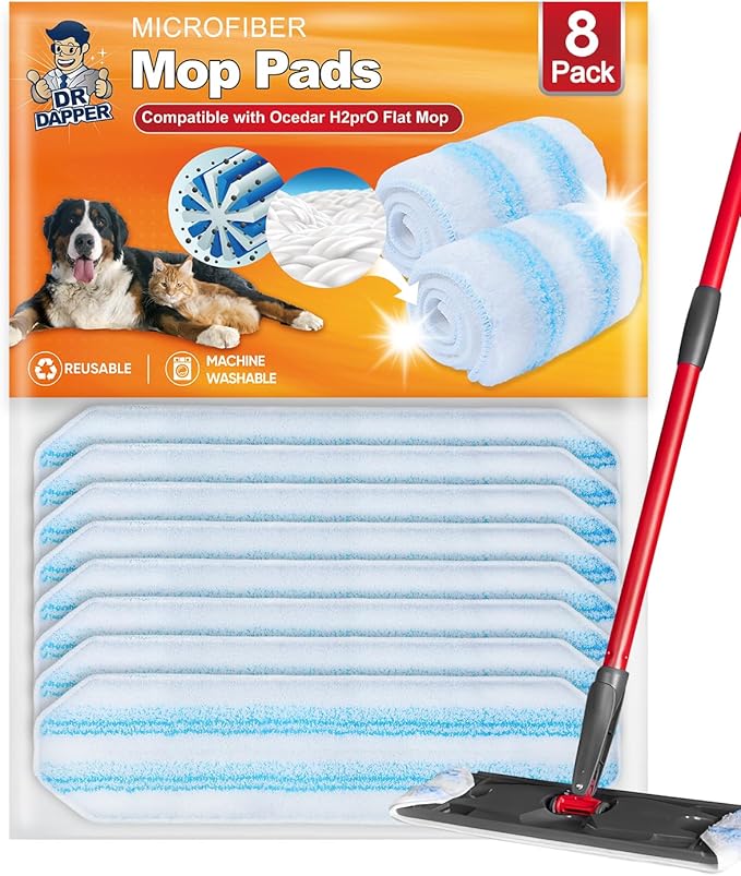 Mop Pads Compatible with Ocedar H2 pro Flat Mop System Replacement Pads, 8 Pack Mop Refills Fit for Ocedar Flat Mop, Washable Reusable Microfiber Mop Heads Replacements