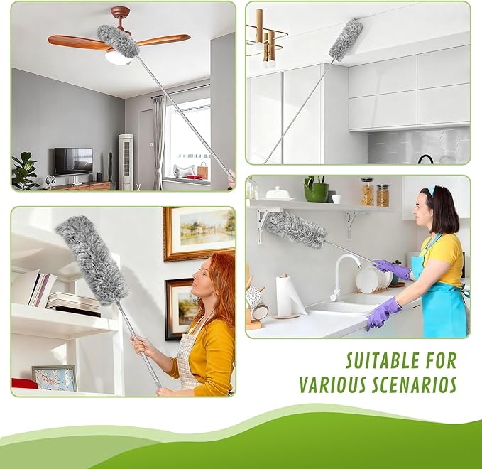MimAuto 7-in-1 Telescopic Duster Kit with 100-Inch Pole, Microfiber & Cobweb Brush for Ceiling Fans, Blinds, High Cleaning