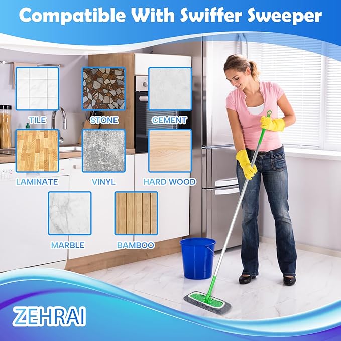ZEHRAI 6 Pack Reusable Microfiber Mop Pads Compatible with Swiffer Sweeper Mop, Dry Sweeping Cloths & Wet Mopping Cloths, Washable Wet Pads Refill for Hardwood Surface Floor Cleaning