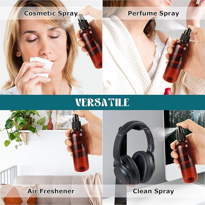 60Pcs 4oz Amber Plastic Spray Bottles, Small Empty Fine Mist Spray Bottle, Refillable Liquid Containers with Labels for Travel Perfume Essential Oil Skin Care Cleaning
