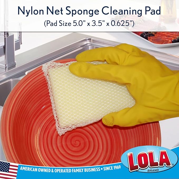 LOLA Nylon Net Sponge Cleaning Pad, 6 Pack, Non Scratch Scrubbers, Safe on Non-Stick Surfaces & Coated Cookware & Dishes - Gentle Effective Cleaning
