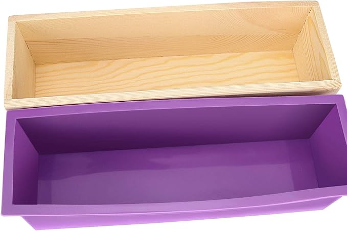 ZOENHOU 4 PCS 42oz Purple Soap Molds and 4 Wooden Lids, Flexible Rectangular Silicone Soap Making Molds Kit with Wood Box DIY Tool Set for Soap Making Supplies