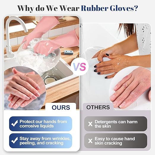 Rubber Kitchen Dishwashing Gloves - 4 Pairs Reusable Household Cleaning Gloves, Flexible and Durable & Non-slip Cleaning Gloves, Great for Kitchen, Bathroom, Laundry (Pink+Green+Blue+Grey)