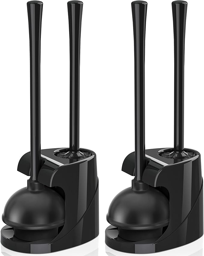 Toilet Plunger and Brush, Bowl Brush and Heavy Duty Toilet Plunger Set with Ventilated Holder, 2-in-1 Bathroom Cleaning Combo with Modern Caddy Stand for 5.7-inch Toilet Drain(Black, 2 Set)