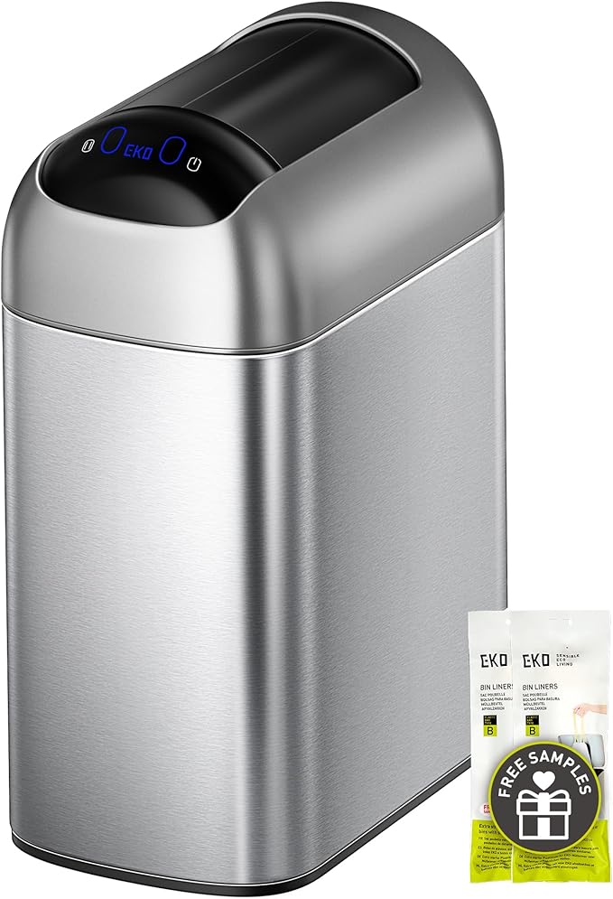 EKO Astro Slim Sensor Trash Can, 10L / 2.6 Gallon Touchless Garbage Bin with Soft-Close Butterfly Lid, Motion Sensor Stainless Steel Trash Can for Bathroom, Kitchen and Office, Waterproof