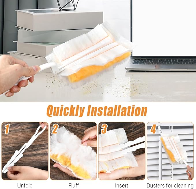 Elesunory 100 Pcs Duster Refills Bulk, Thickened Duster Refill Electrostatic Duster Head, Duster Refills for Cleaning with 2 Long Handles, 2 Short Handles, Disposable Duster Refills for Blinds(Yellow)