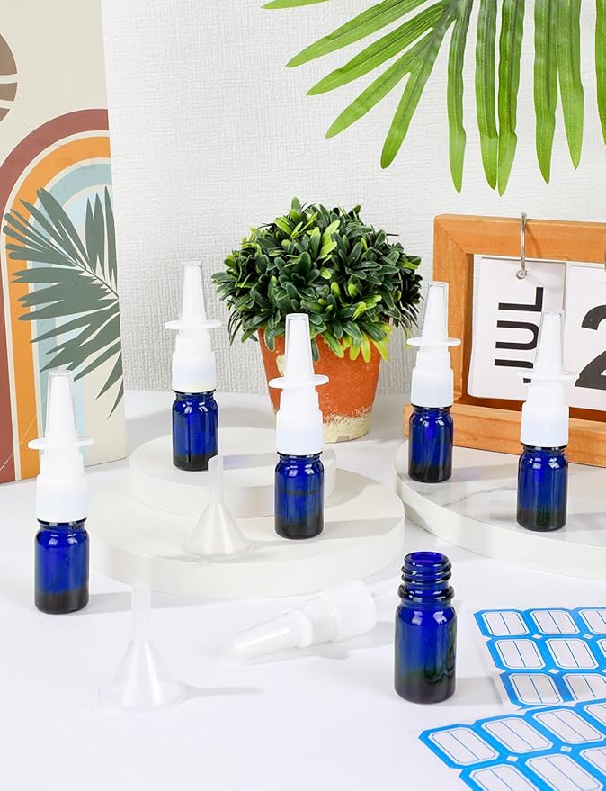 10 Pcs Nasal Spray Bottle, 5ML/0.17OZ 6 Pcs Blue Fine Mist Glass Empty Refillable Nasal Spray Bottle with 2 Pcs Funnels and 2 Pcs Labels