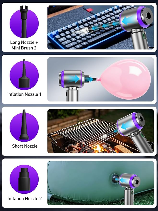 IYOFINE Vacuum/Air Duster 80,000RPM Super Power Mini Car Vacuum Cleaner 4-in-1 air Blower Gun Air Duster & Air Blower & Pump Hand Electric air Duster Handheld dust Blower Blower Cordless (Purple)