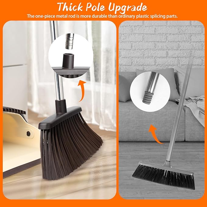 OOOFLOWER Broom and Dustpan Set, Dustpan Combo with 51" Stainless Steel Long Handle Brooms with 5-Layer Soft Bristles for Home Office Kitchen Bathroom(Beige)