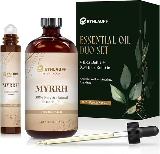 Myrrh Essential Oil (4 fl.oz Bottle + 0.34 fl.oz Roll-On) — Myrrh Oils for Aromatherapy, Diffusers, Humidifiers, Home fragrances, DIY Skincare, Candle, Soap Making, Relaxation, Yoga
