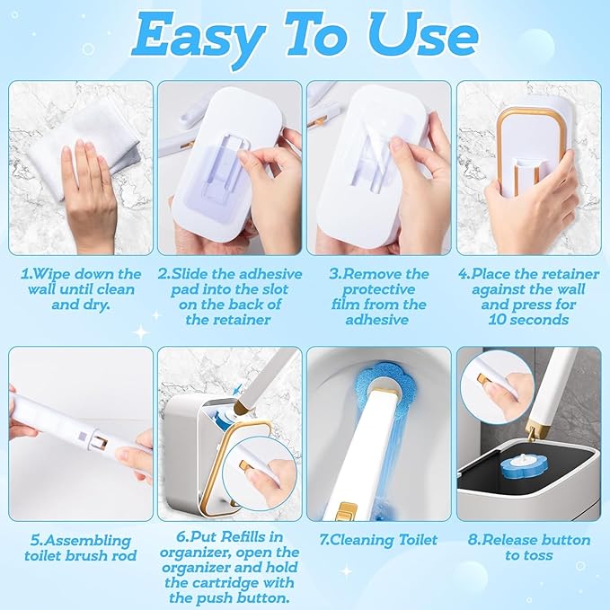 Disposable Toilet Brush with 48 Refill Heads and Holder– Includes Storage Caddy&Toilet Bowl Wand, Wall-Mount Scrubbing Toilet Brush Bathroom Cleaning Kit (Disposable Toilet Brush)