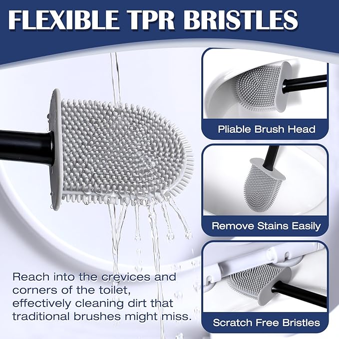 Pesilo Toilet Brush and Holder Set, Wall Mounted Toilet Bowl Brush Head with Silicone Bristles, 2 Pack Black Compact Size for Storage and Organization Scrub Brush for RV Bathroom Accessories
