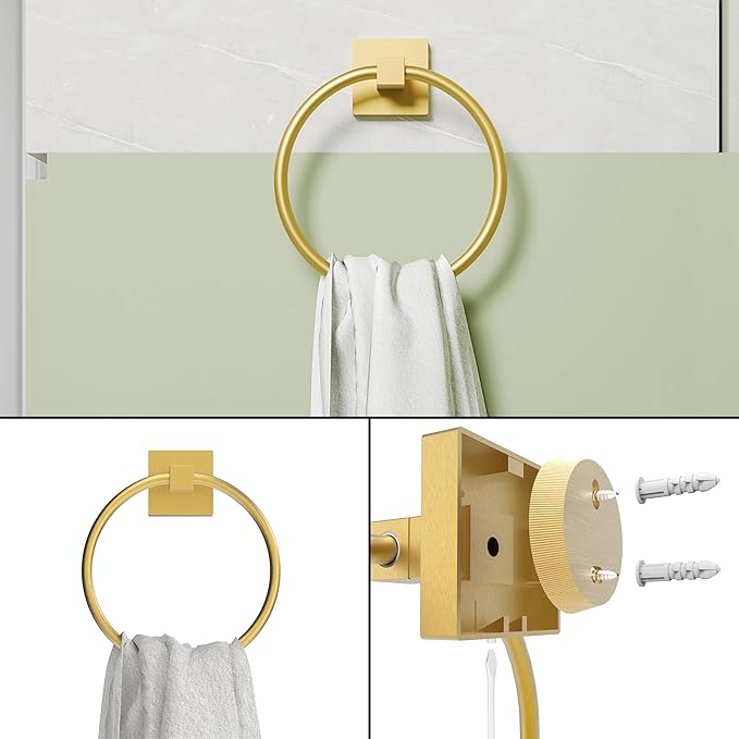 Ruacq Brushed Gold Toilet Paper Holder Towel Ring Bathroom Accessories Hardware Set Double Post Pivoting Toilet Roll Holder Square Stainless Steel and Zinc Alloy Modern Wall Mounted 2 Pieces