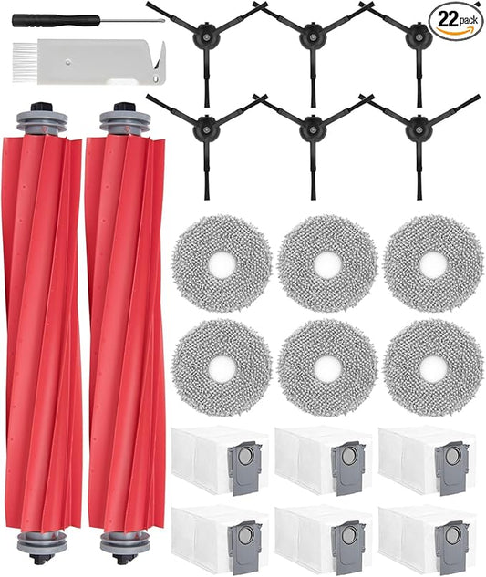 22 Pack Qrevo Replacement Parts for Roborock QRevo, Qrevo S, Qrevo Pro, Qrevo MaxV, Qrevo Plus Robot Vacuum, 2 Main Brush, 6 Mop Pads, 6 Side Brushes, 6 Dust Bags - Roborock QRevo Accessories Kits