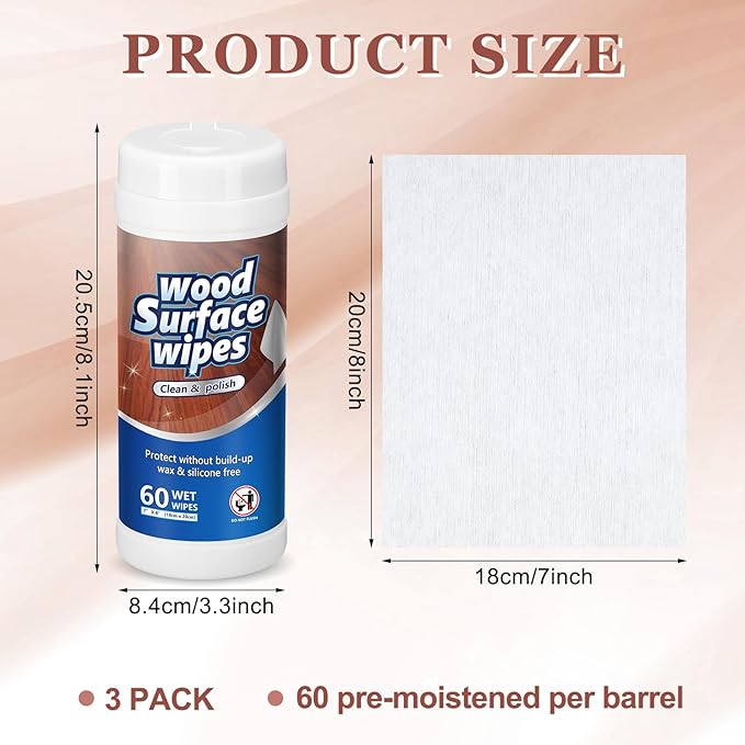 3 Pack 180 Count Wood Surfaces Wipes Wood Cleaner and Polish Wipes Furniture Floor Wet Cabinet Cleaner for Kitchen Bathroom Furniture Floors Cabinet Cleaning