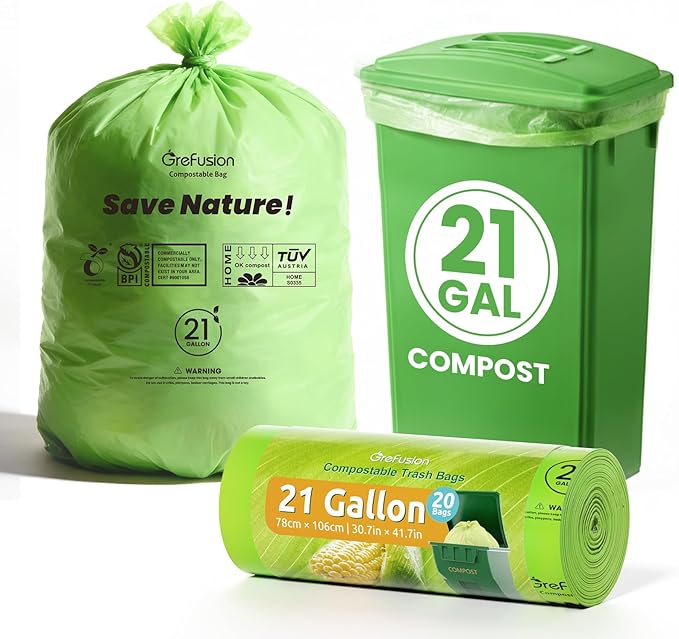 GreFusion Compostable Trash Bags 21 gallon,20 Count,Extra Thick 1.28 Mills,Fits13-25 gallon trash can, Extra Strong and thick,Compostable Lawn & Leaf Yard Waste bags,ASTM D6400,Bpi Certified