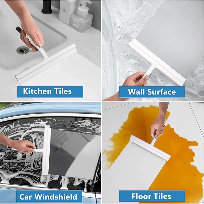 DEOFUXT Shower Squeegee for Glass Doors, Full Silicone Jacketed Squeegee with Ergonomic Handle & No-Drill Hook, Cleaning Tool for Windows, Mirrors, Tiles, Bathroom & Car - White