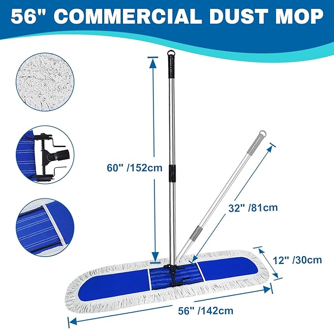 Solipect 48 inch Commercial Dust Mop for Hardwood Floors, Large Size Dry Mop, Reusable Cotton Yarn Head, Telescopic Stainless Steel Handle, Industrial dust mops for Floor Cleaning, Marble, Blue