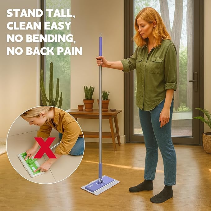 Disposable Sweeper Dust Mop, No-Touch Attach & Remove Cloth Instantly, Compatible with Swiffer Pads, Clamp Clip Mop for Kitchen House, Dorm, Classroom Wood Hardwood Floor Wall Cleaning(50'')