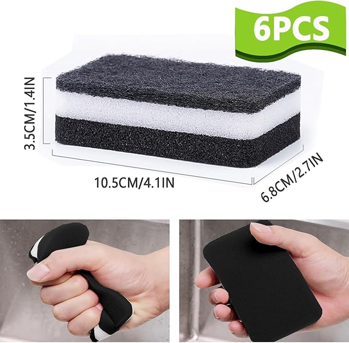 Kitchen Cleaning Sponges, 6 Pack Heavy Duty Scrub Sponges Cleans Fast Non-Scratch Sponge for Washing Dishes and Cleaning Kitchen (Black)