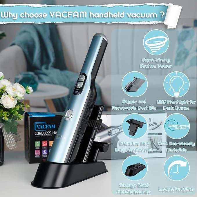 VACFAM Handheld Cordless Vacuum Cleaner, Portable Car Vacuum with 18KPa Suction Power, Quick-Charge Hand Vac with LED Headlight & Storage Dock for Home Office Desk Keyboards Pet Hair, Blue