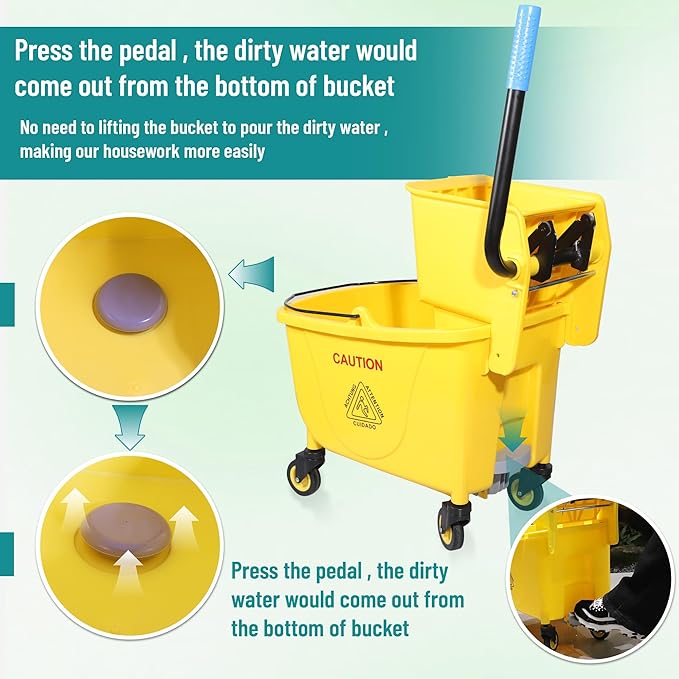 Wajeehaa Press Wringer Combo Commercial Rectangular Mop Bucket on Wheels, 35-Quart, Yellow,Add One Commercial Mop and One Set Rubber Gloves