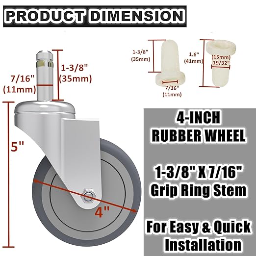 4-Inch Swivel Stem Caster, 7/16-Inch Stem Diameter Rubber Wheel, Heavy Duty TPR Replacement Wheels for Rubbermaid Mop Bucket Cart Grill Casters - 8 Pack