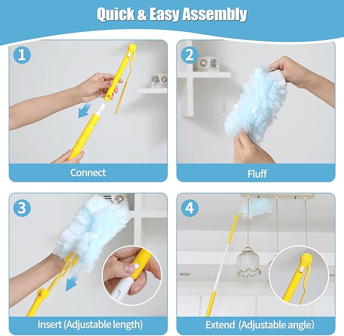Senowi 60 Count 360° Heavy Duty Duster Refills Compatible with Swiffer,Large Size-Extra Thick Disposable Electrostatic Duster Refill with 1 Retractable Handle(35-inch Length Fully expanded)