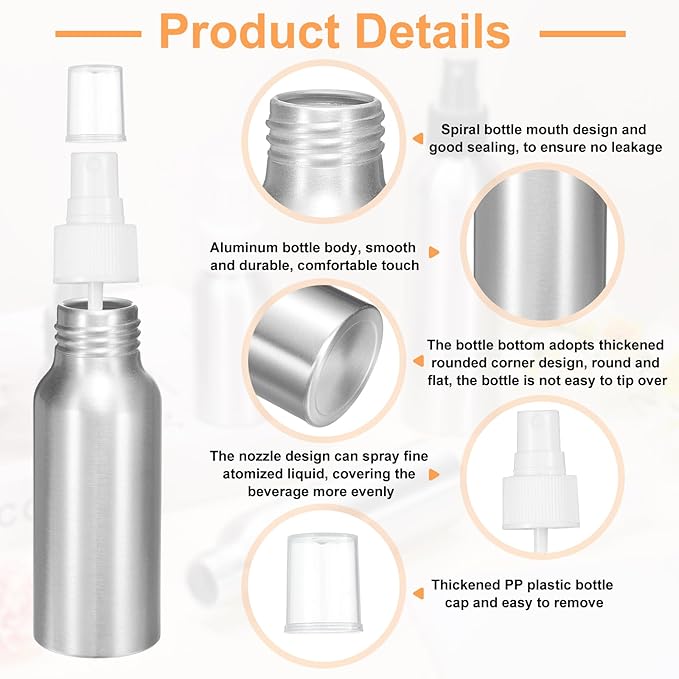 HARFINGTON Aluminum Fine Mist Spray Bottles 80ml/2.7oz Metal Small Liquid Alcohol Refillable Travel Container with White Plastic Nozzle Cap for Perfume Skincare Cosmetic Storage Bottle