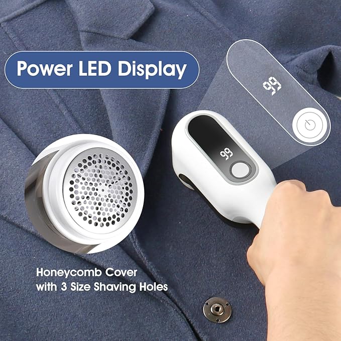 OKAKA Rechargeable Electric Fabric Shaver Lint Remover with LED Display, Sweater Shaver 2- Speed to Remove Fuzz and Pill for Clothes, Furniture, Couch and Blanket(White)