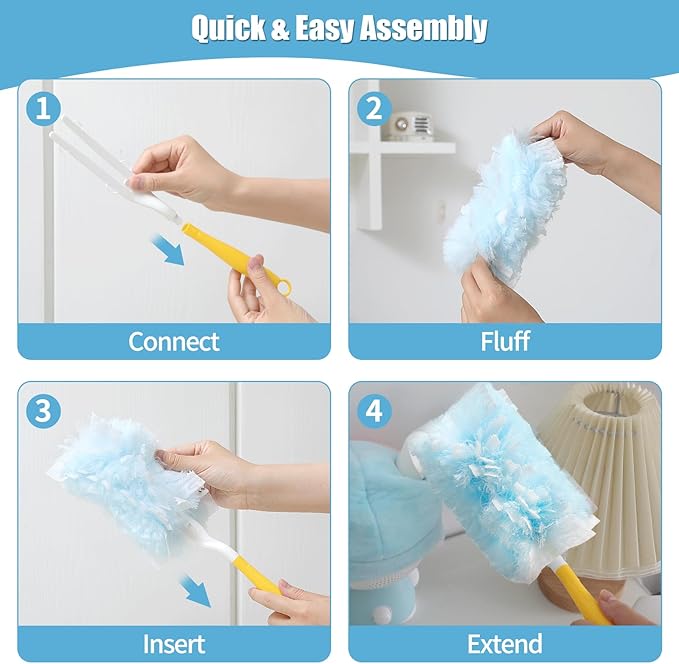 60 Count 360° Heavy Duty Duster Refills Compatible with Swiffer, Large Size-Extra Thick Disposable Electrostatic Duster Refill with 1 Short Handle for Furniture, Blinds, Ceiling Fans(Blue)