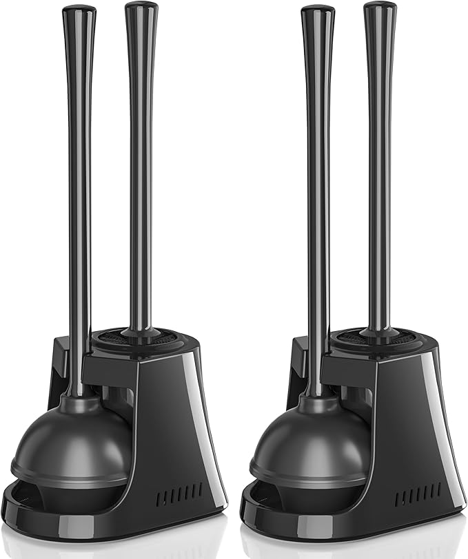 LOVLOY Toilet Plunger and Brush, Bowl Brush and Heavy Duty Toilet Plunger Set with Ventilated Holder, 2-in-1 Toilet Brush and Plunger Combo for Bathroom Cleaning (2, Black)