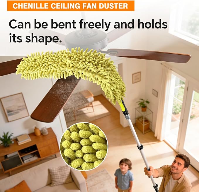 ARTIPOLY 20 Foot Telescoping Extension Pole Kit, 5-in-1 High Reach Duster with Chenille Window Squeegee Microfiber Feather Cobweb Duster for Ceiling Wall Hard-to-Reach Indoor & Outdoor Cleaning Yellow