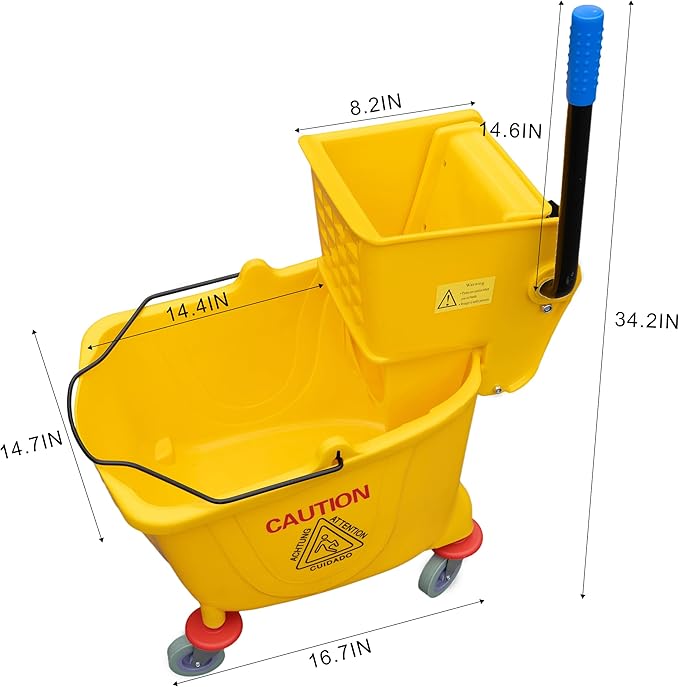 Matthew Cleaning 34 Quart Commercial Mop Bucket INCL.Wet String Mop with Side Press Wringer On Wheels,Heavy Duty Tandem Portable Floor Cleaning Wavebrake,Ideal for Household,Industrial,Restaurant