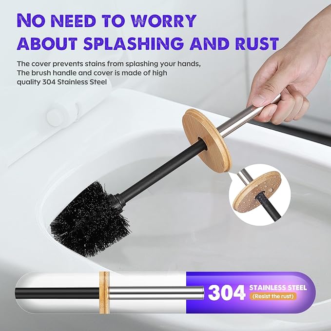 ODJSY Compact Toilet Brush & Holder,SetStainless Steel Handle Toilet Brush,Deep Cleaning,Durable Nylon Bristles,Splash-Proof Design(White&Black)