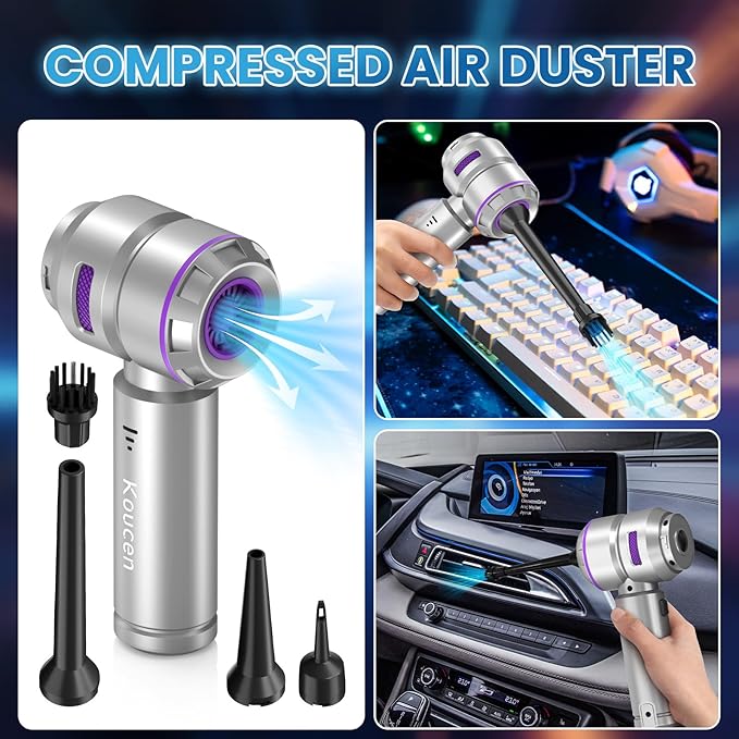 Koucen Car Vacuum Portable Cordless 20000pa High Power 4-in-1 Handheld Vacuum Cordless Rechargeable, Portable Vacuum with 3 Reusable Filter, Small Vacuums for Car Home Office & Pet(Silver Purple)