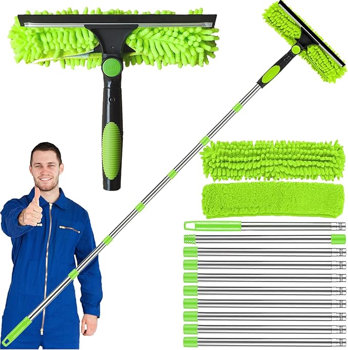 RIZENCE 4.5M/14.7ft Window Cleaning Squeegee Tools, 3-in-1 Window Washing Kit with 10 Extension Pole, 2 Microfiber Cloth Brush & Squeegee, Telescopic Window Cleaner Tool for High Window, Car Glass