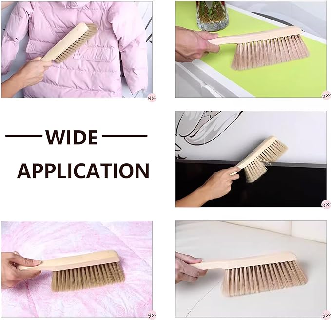 2 Pieces Woooden Dust Brush Hand Broom Bench Brush with Long Wood Handle Whisk Broom Soft Bristle Brush for Counter Bed Sofa Car Fireplace Clothes Household Cleaning (Beige)