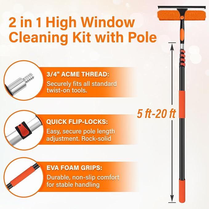 Jhkopqe 26FT Telescoping Window Squeegee Kit | 2-in-1 Professional Window Washer & Microfiber Scrubber with Extension Pole | High Reach Cleaning Tool for Outdoor, Indoor Windows & Glass