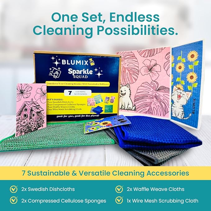 Eco-Friendly Cleaning Cloth Kit – 7-Piece Reusable Set | 2 Swedish Dishcloths, 2 Cellulose Sponges, 2 Glass Cleaner Cloths, 1 Wire Scrubbing Cloth | Low-Waste, Plant-Based Essentials