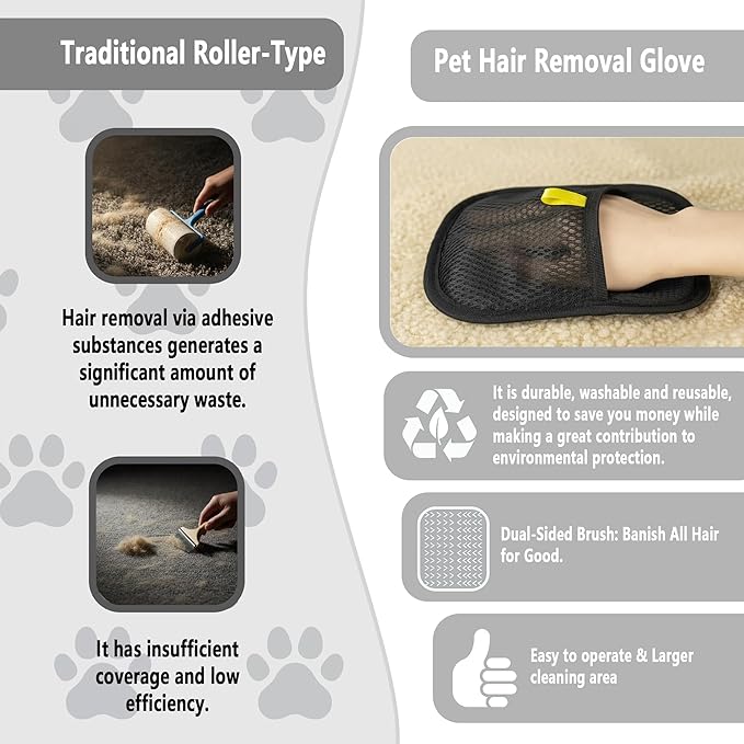 Yummy Love Pet Hair Removal Glove for Dogs & Cats, Reusable Electrostatic Glove for Clothes, Couch,Carpets,Car Seat, Individually Wrapped 1 Pack Black, L