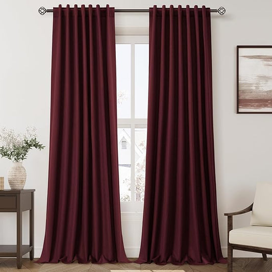 Nanspring Burgundy Linen Blackout Curtains 108 Inches Long Loop Pocket Rod Pocket Flax Linen Sound Absorbing Light Blocking 2 Panels Set for Dining Room Modern Urban Curtains Drapes 52x108