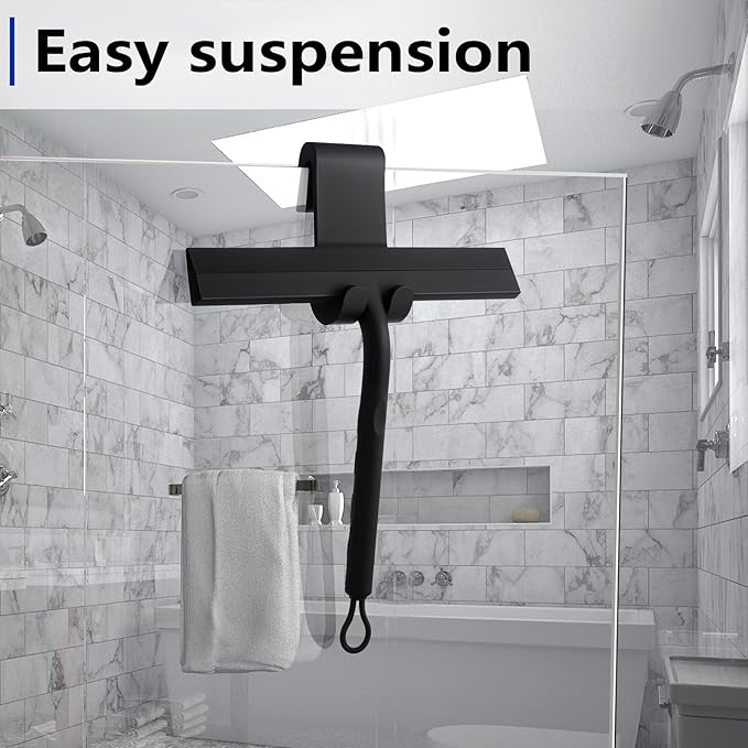 wlich Shower Squeegee for Glass Doors and Bathroom, Stainless Steel with Silicone Blade, Window and Mirror Cleaner with No-Drill Hook, Streak-Free Cleaning Tool