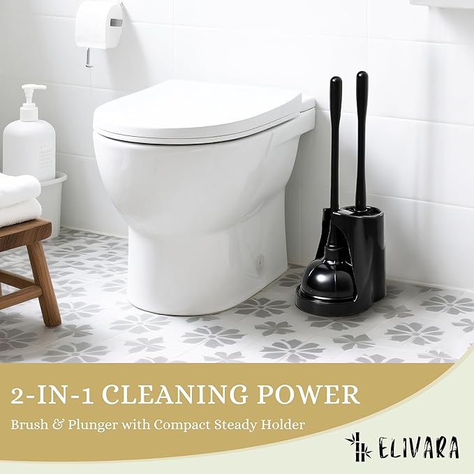 ELIVARA Toilet Plunger and Bowl Brush Combo with Dual-Compartment Holder – Heavy Duty Suction, Ergonomic Handles, Anti-Splash, Sleek Compact Design (Black)