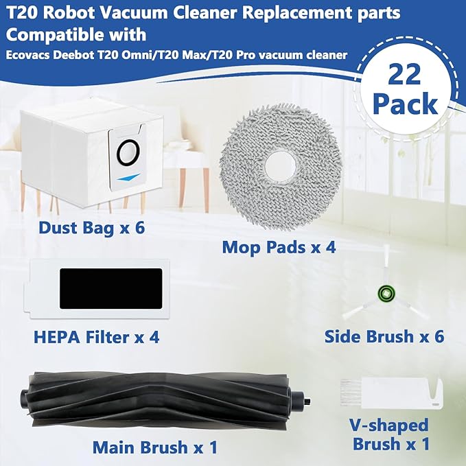 22 Pack Replacement Parts for ECOVACS T20 Omni Max Pro,Ecovacs Deebot T20 Max Vacuum Cleaner Accessories Kit, 1 Main Brush, 4 Hepa Filters, 4 Mop Pads, 6 Vacuum Bags, 6 Side Brushs, 1 V-shaped brush