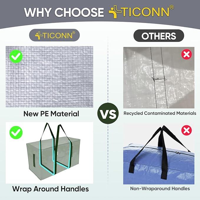 TICONN 2 Pack Extra Large Moving Bags with Zippers & Carrying Handles, Heavy-Duty Storage Tote Moving Boxes for Space Saving (2 Pack, Olive)