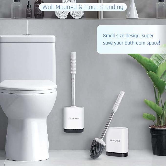 Sellemer Toilet Brush and Holder Set for Bathroom, Flexible Toilet Bowl Brush Head with Silicone Bristles, Compact Size for Storage and Organization, Ventilation Slots Base (1 Pack, Multicolor)